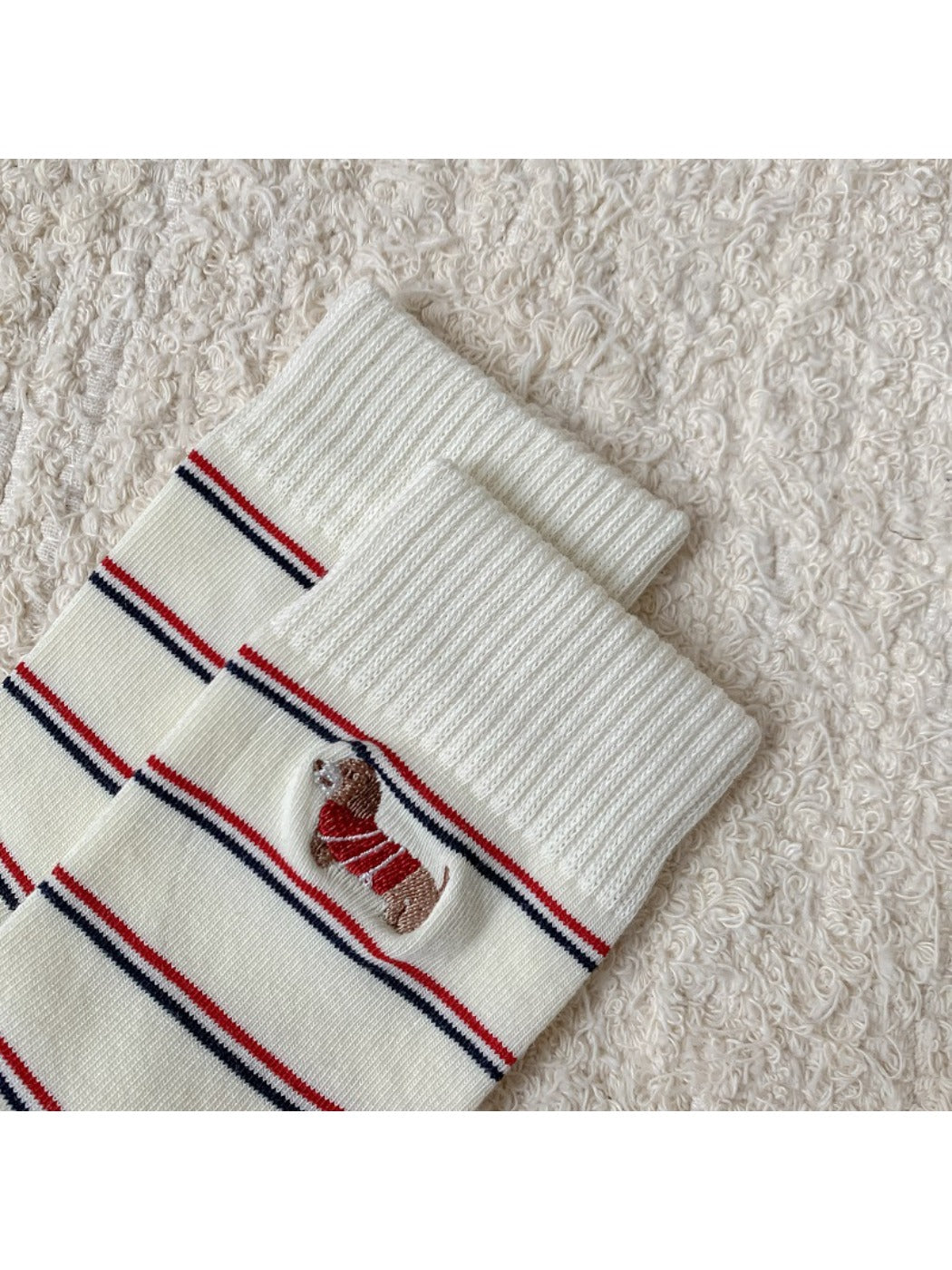 Rufia - Cartoon Dog Embroidered Striped Socks