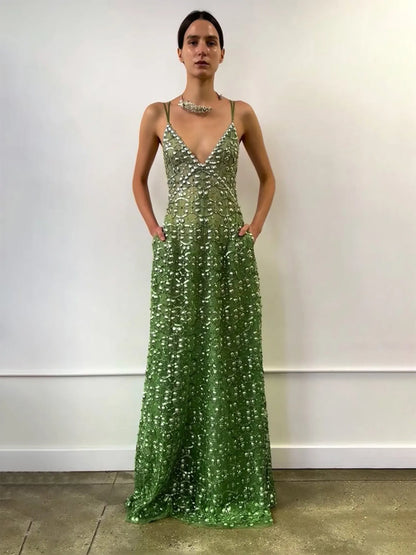 Ivy Rhinestone Deep-V Maxi Dress