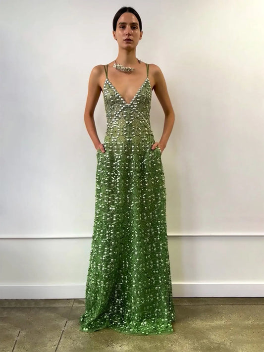 Ivy Rhinestone Deep-V Maxi Dress