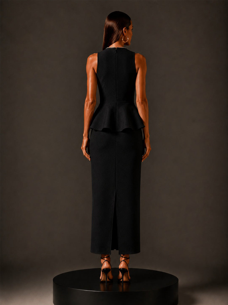 Mila Rhinestone-Embellished Ruffled Sleeveless Midi Dress