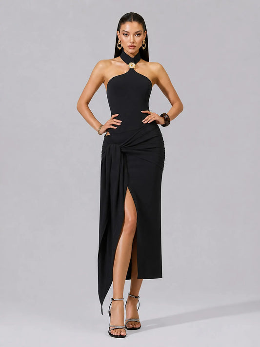 Natalya Floral Metal Buckle Halter Asymmetrical Cut Out Ruched Sash Maxi Dress