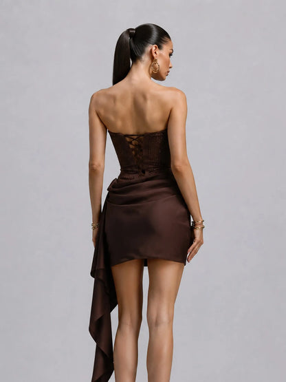 Rosalyn Vintage Contour Strapless Rhinestone Mesh Ruched Sash Mini Dress