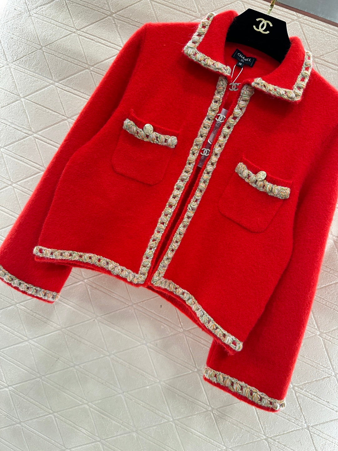 Chanel 25 Knitted Cardigan with Contrasting Trim Red in Wool 801436