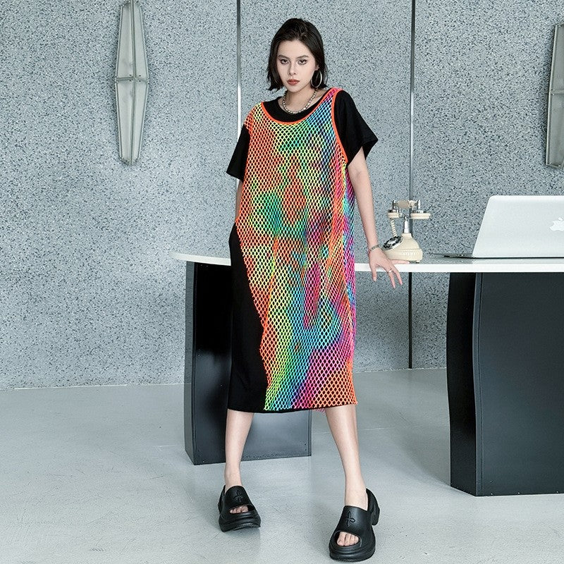 Rainbow Color Block Two Piece Loose A Line Dress