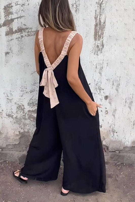 Unique Two-Color Patchwork Open Back Loose Pocket Jumpsuit