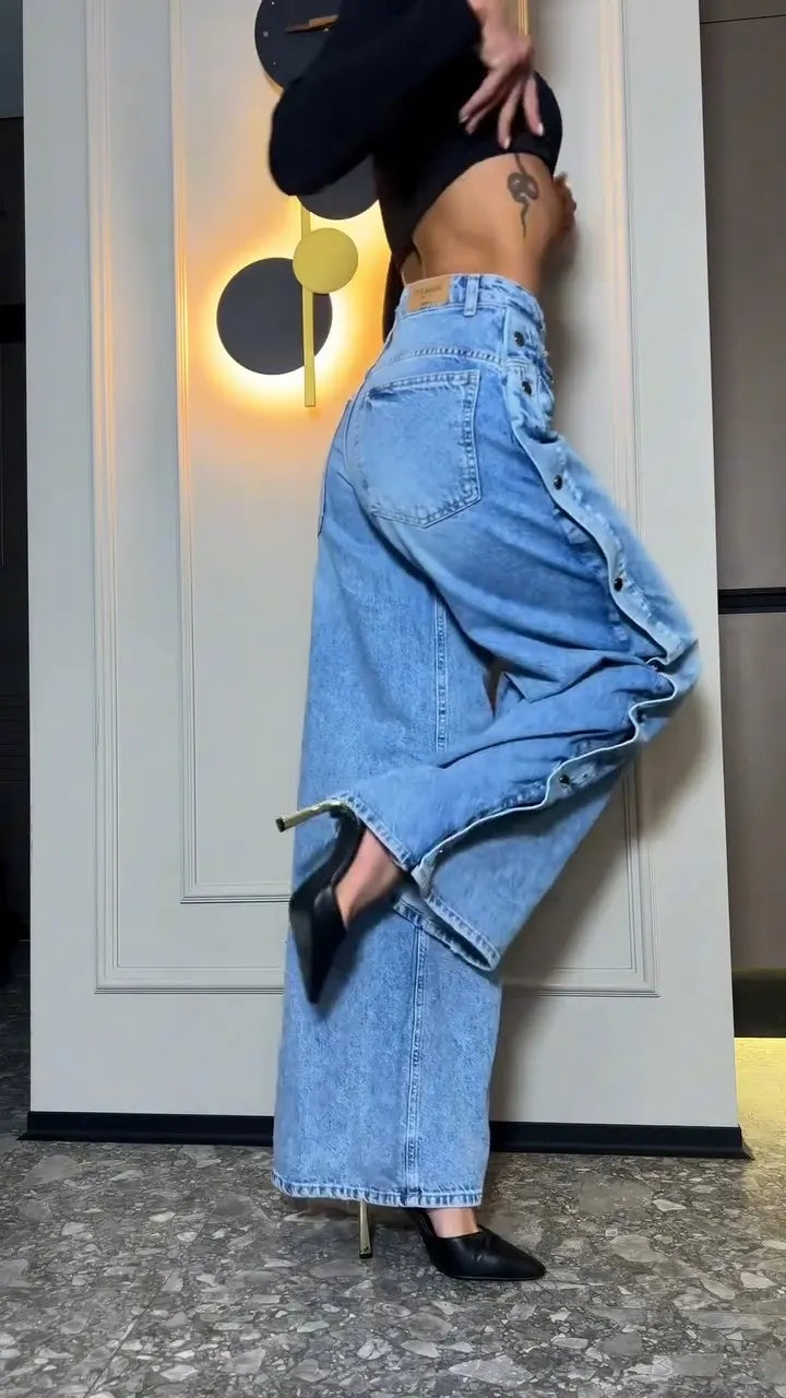 Gabrielle Rhinestone-Embellished Wide-Leg Jeans with Side Button Detail