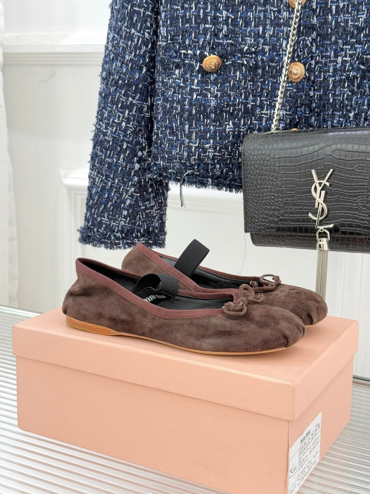 Miu Classic Bow Letter Ballet Flat Dark Brown Suede
