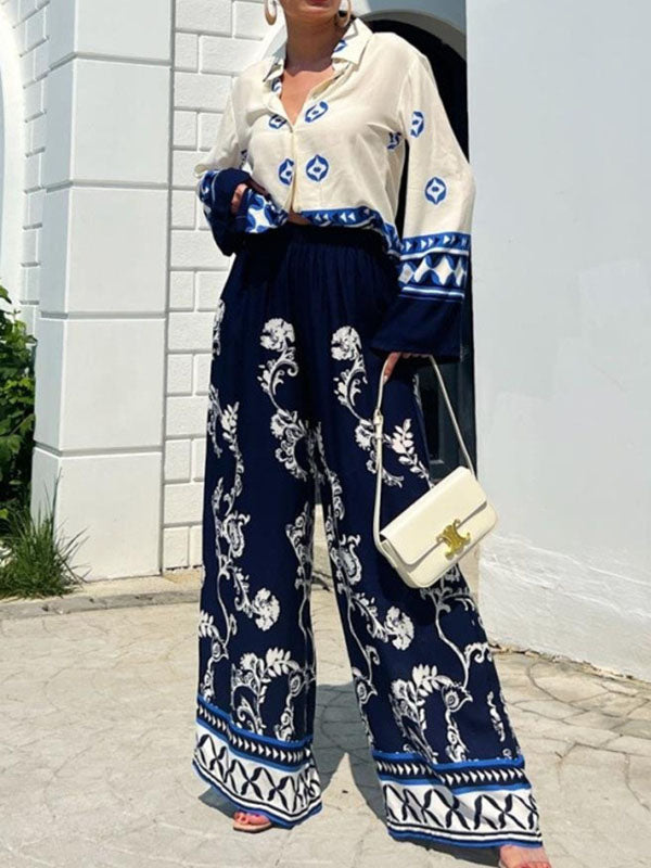 Loose Buttoned Long Sleeves Lapel Blouses & Printed Casual Pants Suits