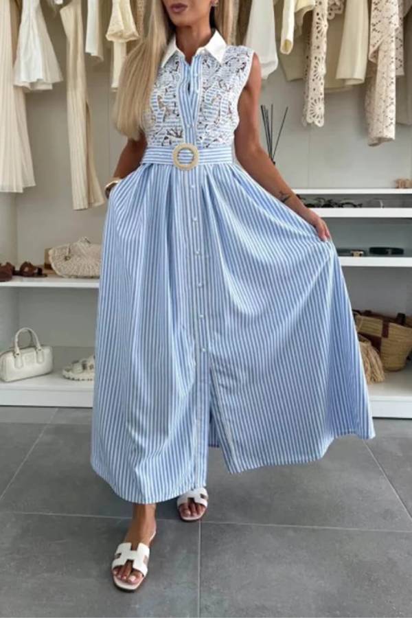 Retro Lace-Trimmed Splicing Striped Print Button-Down Maxi Dress