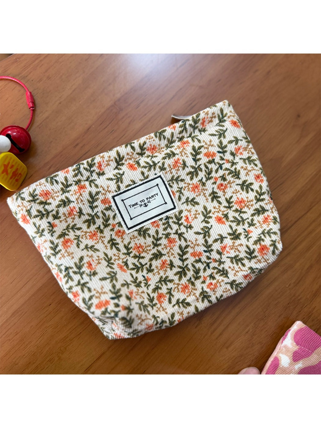 Cosbai - Corduroy Travel Cosmetic Pouch with Floral Patterns