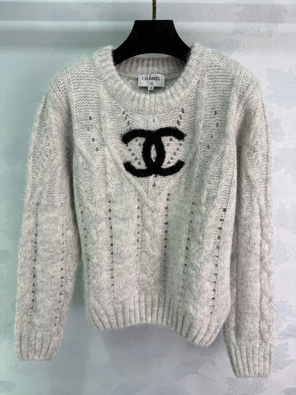 Chanel 25 Sweater Light Gray and Cream Wool 308087