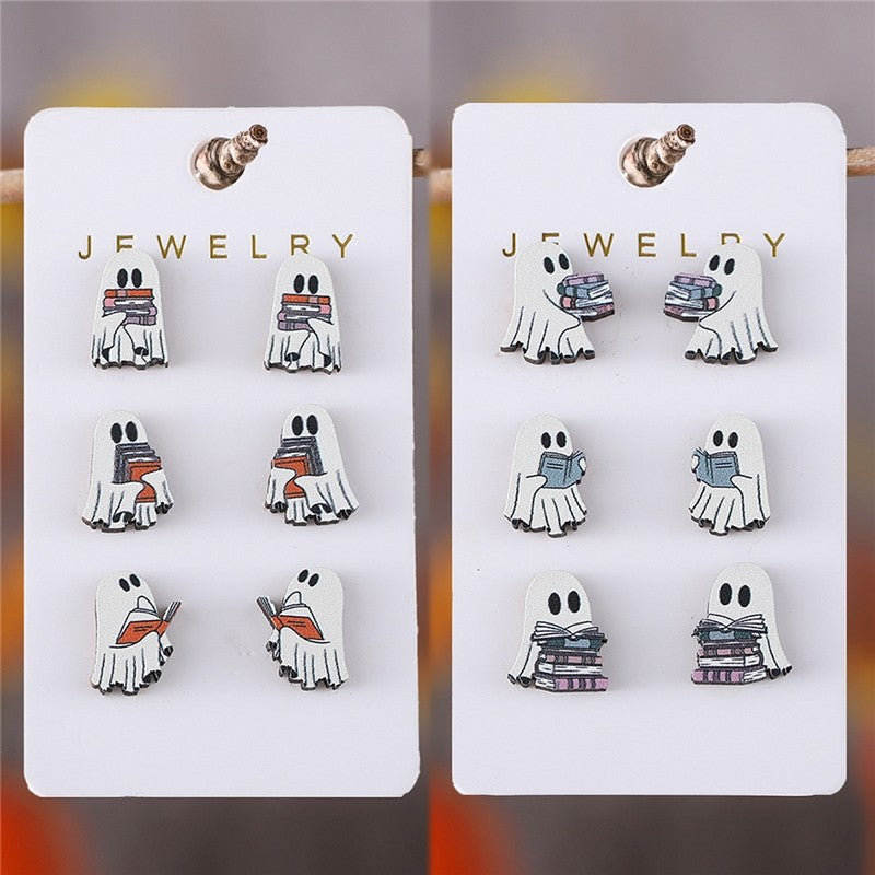 Wooden Ghost-Shaped Earrings Set For Halloween