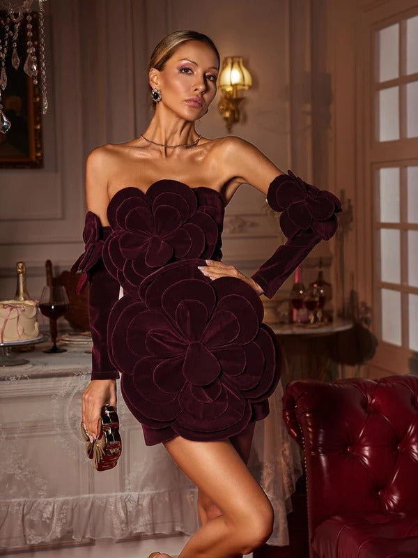 Vesse Flower Velvet Dress With Gloves