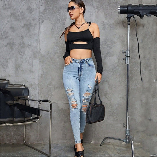 Classic Ripped High Waist Slim Fit Skinny Jeans