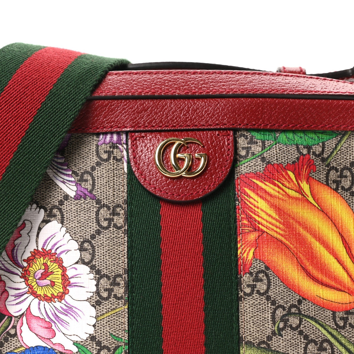 GG Supreme Monogram Flora Web Small Ophidia Top Handle Shoulder Bag Hibiscus Red