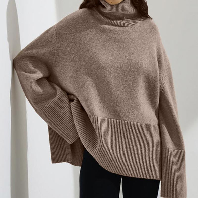 Fall Solid Color Turtleneck Side Slit Sweater