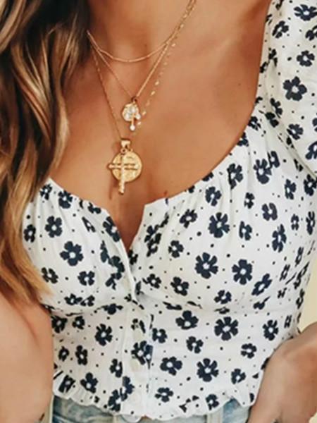 Printed Spring And Summer Women'S New Three-Dimensional Stitching Leak Umbilical Cord Shirt