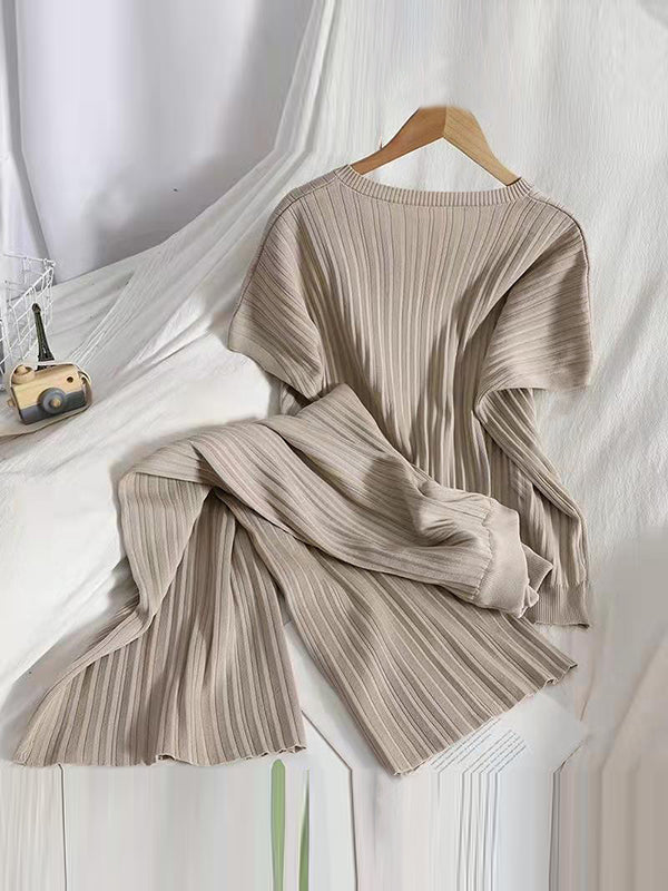 Loose Raglan Sleeve Solid Color V-Neck Sweater Top + Pants Two Pieces Set