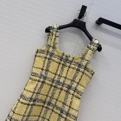 Balmain 26s Slip Dress Yellow Black Tweed 346071