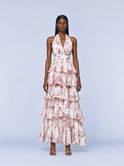 Sabina Tiered Printed Chiffon Maxi Dress