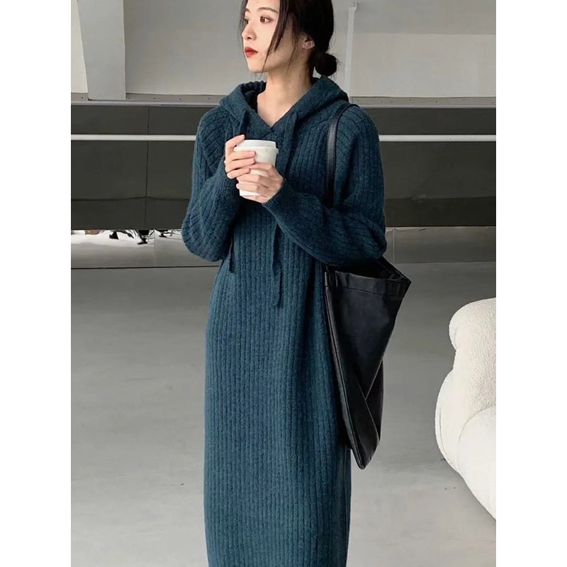 Simple Loose Long Sleeves Drawstring Solid Color Hooded Sweater Dresses