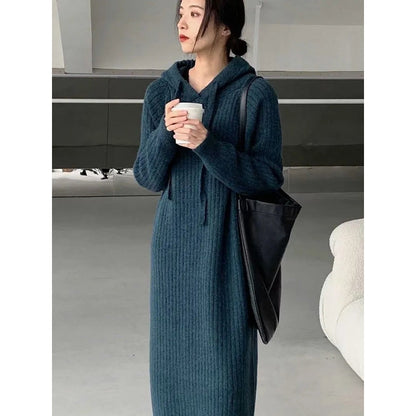 Simple Loose Long Sleeves Drawstring Solid Color Hooded Sweater Dresses