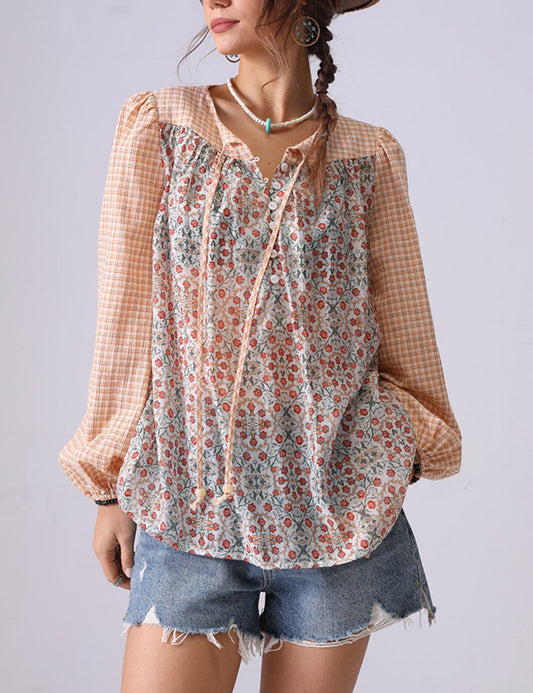 Floral Print Plaid String Pullover Shirt