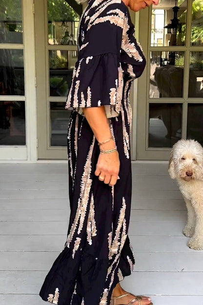 Retro 3\/4 Sleeve Print Midi Dress