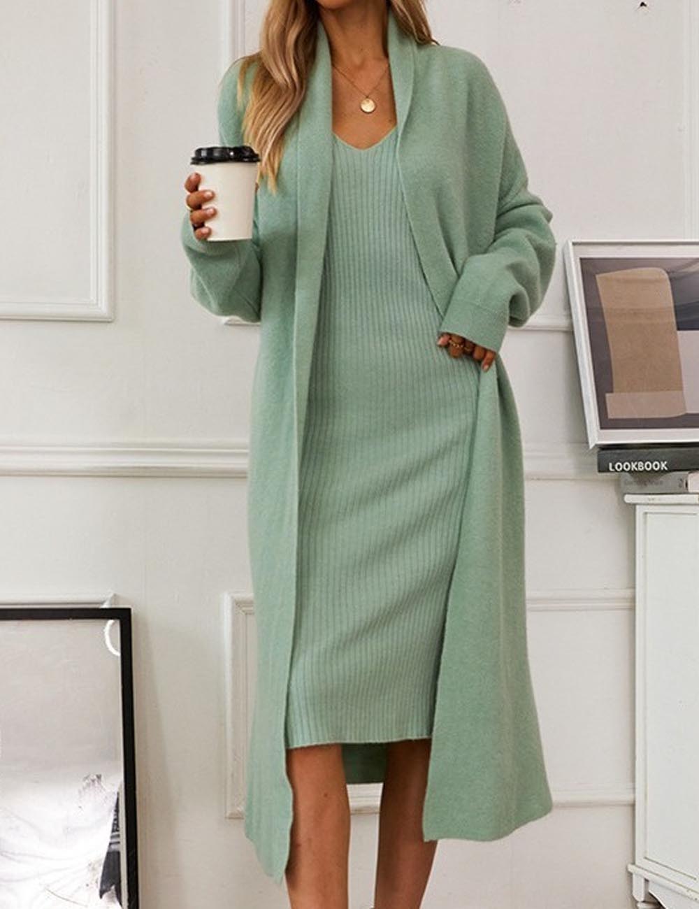 2 Pcs Elegant Fall Long Sleeve Cardigan Tank Dress