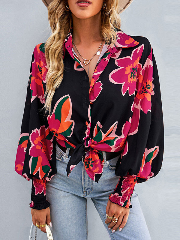 Long Sleeves Loose Buttoned Elasticity Flower Print Polo Blouses&Shirts Tops