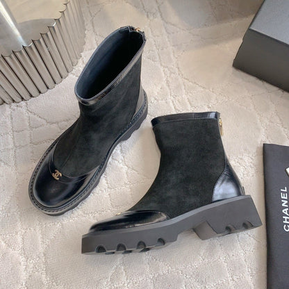CC New Platform Ankle Boots Black Suede Glossy Sheepskin
