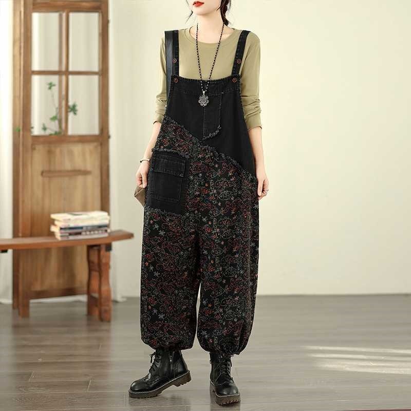 Printed Loose Denim Overalls