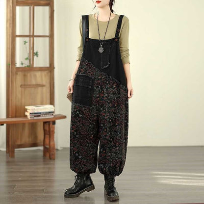 Printed Loose Denim Overalls