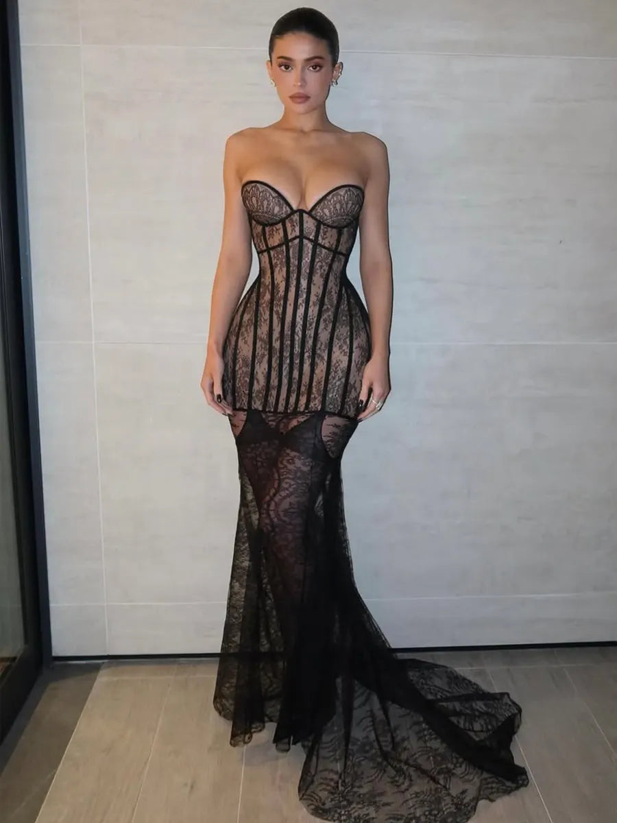 Georgia Strapless Lace Fishtail Maxi Dress