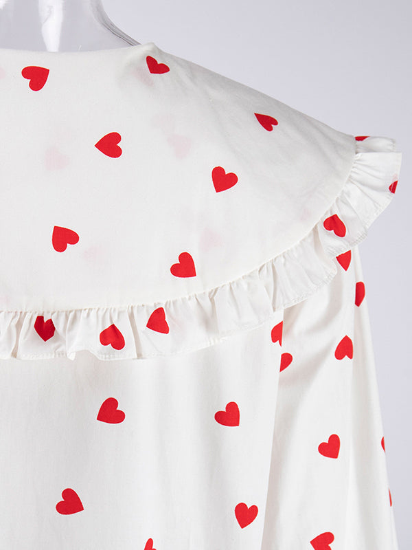 Loose Contrast Color Doll Collar Heart Print Blouses&Shirts Tops
