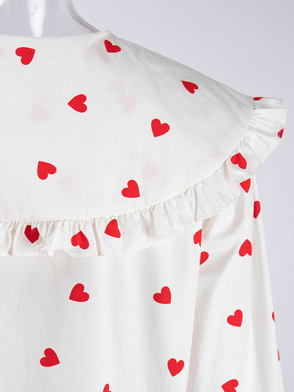 Loose Contrast Color Doll Collar Heart Print Blouses&Shirts Tops