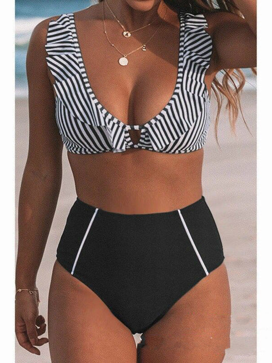 Bikini Stripe Solid Color Lotus Leaf Flash High Waist Split Swimsuit