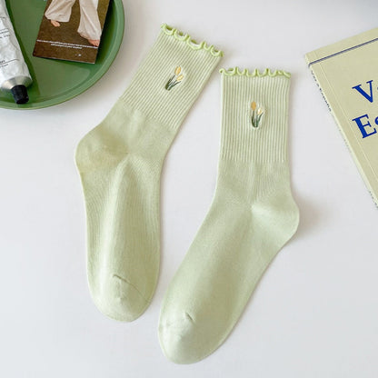 Rufia - Floral Embroidered Ruffled Mid-Calf Socks