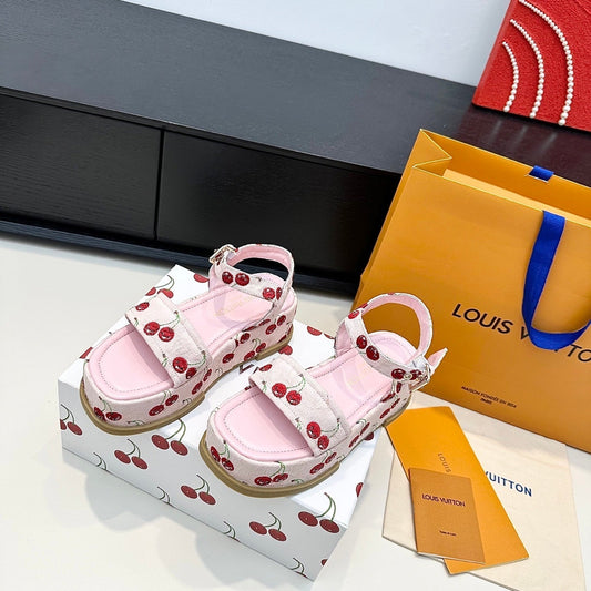 LV Maya Platform Sandals Cherry Motif 6cm Pink Cowhide Denim 572497
