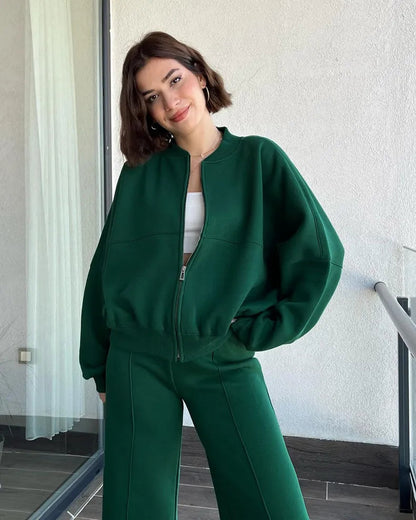 Zip Up Cardigan And Wide Leg Cotton Trousers Set