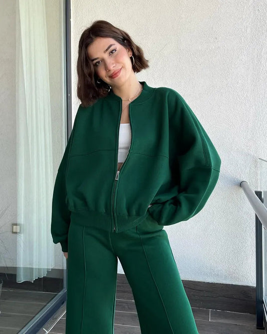 Zip Up Cardigan And Wide Leg Cotton Trousers Set