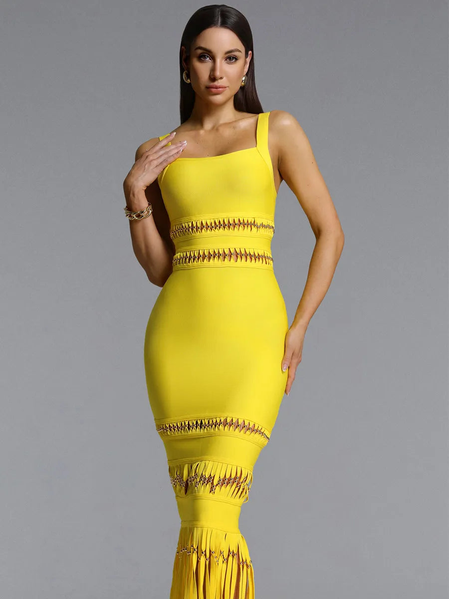 Acacia Sleeveless Beaded Fringe Bandage Maxi Dress