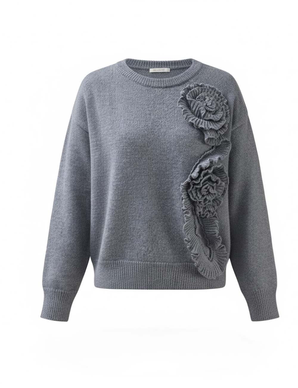 Elegant 3D Floral Round Neck Pullover Sweater