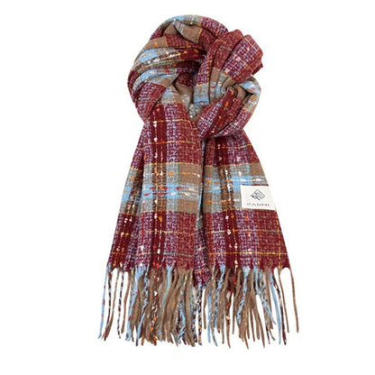 Christmas Warm Color Block Plaid Tassel Scarf