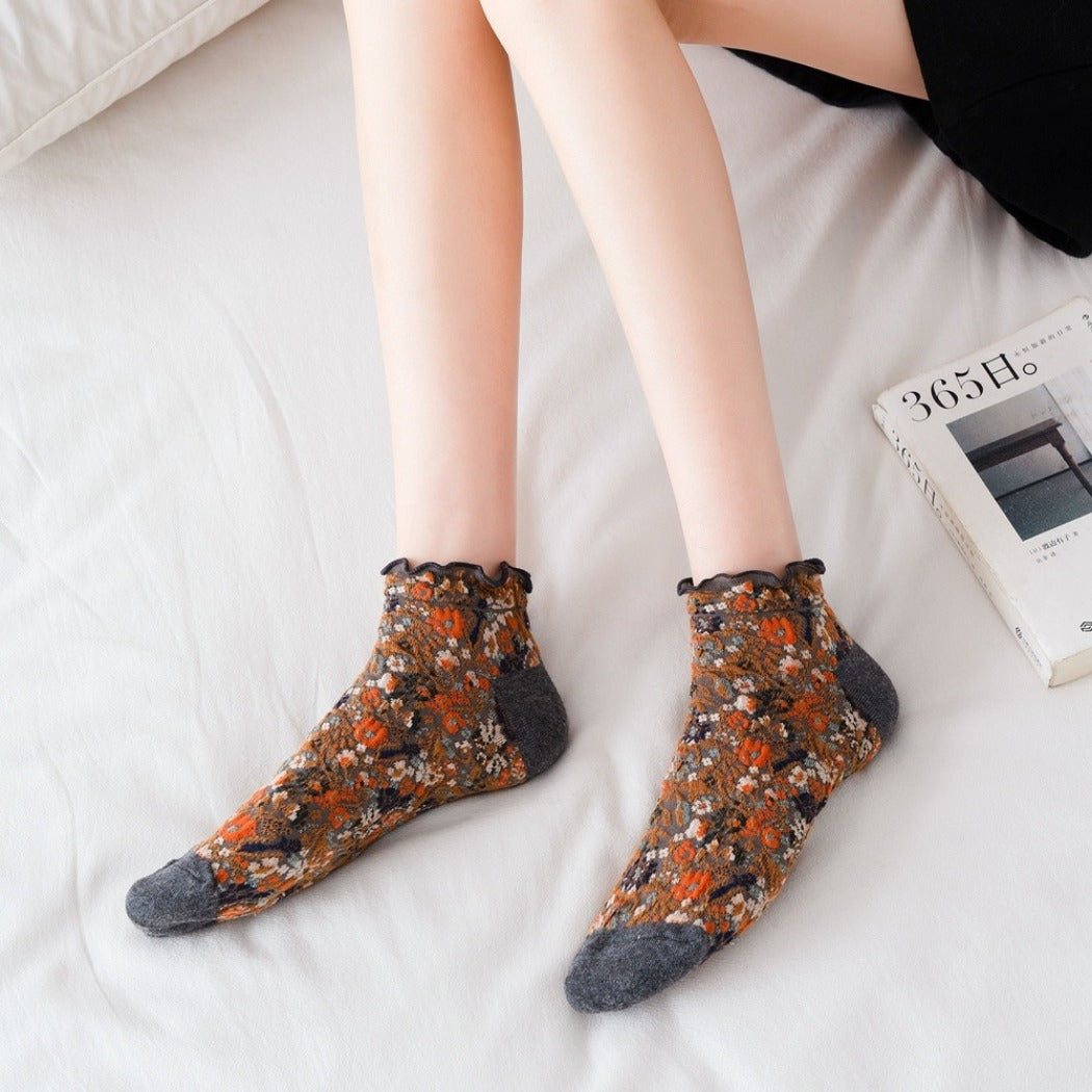 Rufia- Summer Floral Print Lace Trim Low-Cut Socks