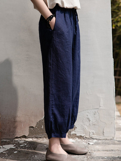 Simple Linen Solid Color Elasticity Waist Loose Knickerbockers&Capri-Pants