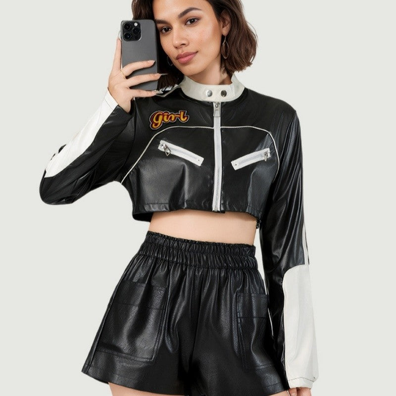 Color Block Crop Biker Jacket