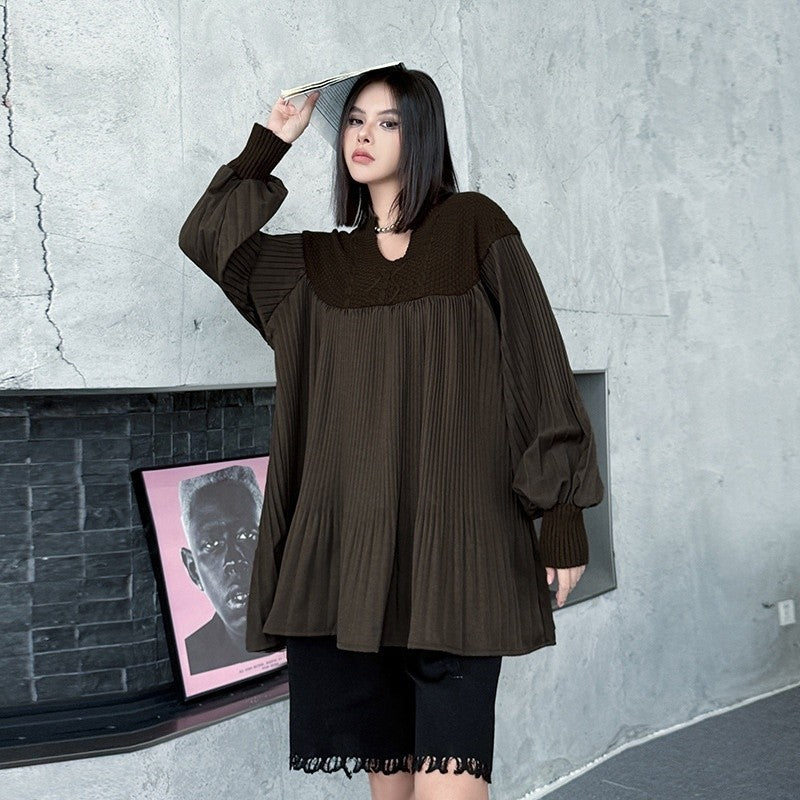 Pleated And Patchwork Knitted Sweater