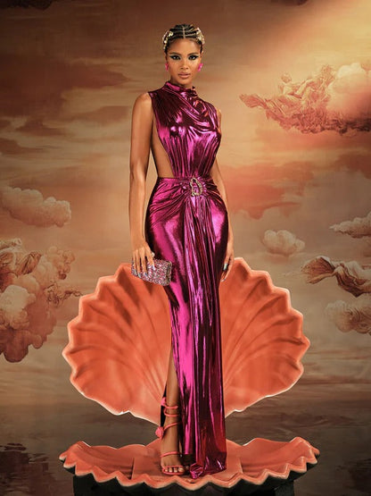 Ingram Sleeveless Draped Split Metallic Maxi Dress