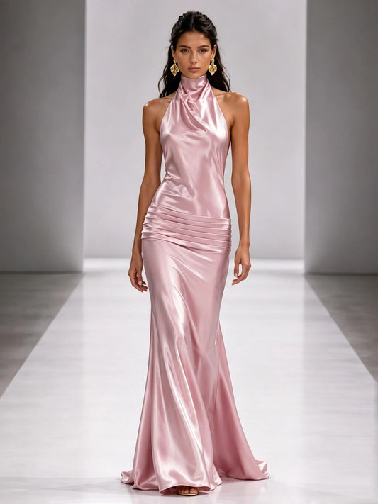 Savannah Ruched Halter-Neck Backless Maxi Dress In Pink